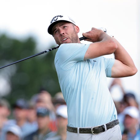 Sam Burns plays his shot from the 15th tee during the third round of the U.S. Open golf tournament on Jun 14, 2025.