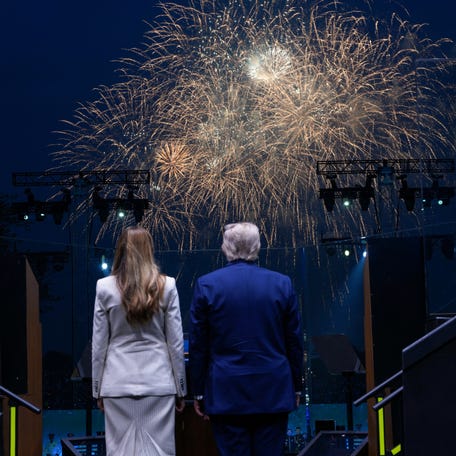President Donald Trump and First Lady Melania Trump watch fireworks during the celebration of the ArmyÕs 250th birthday on the National Mall in Washington, June, 14, 2025.