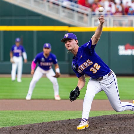 June 14: LSU starting pitcher Kade Anderson pitches against Arkansas during the seventh inning at Charles Schwab Field.