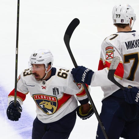 Game 5: Florida Panthers forward Brad Marchand (63) celebrates his third-period goal against the Edmonton Oilers.