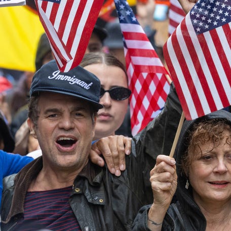 Mark Ruffalo and Susan Sarandon march in New York on June 14, 2025.