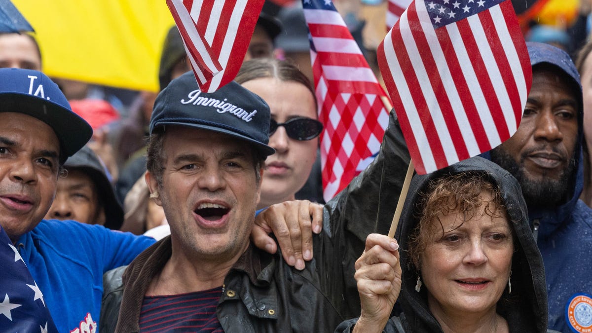 Mark Ruffalo and Susan Sarandon march in New York on June 14, 2025.