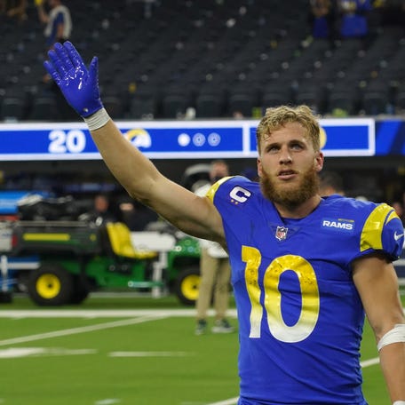 Dec 21, 2021; Inglewood, California, USA; Los Angeles Rams wide receiver Cooper Kupp (10) celebrates after the game against the Seattle Seahawks at SoFi Stadium. The Rams defeated the Seahawks 20-10. Mandatory Credit: Kirby Lee-USA TODAY Sports