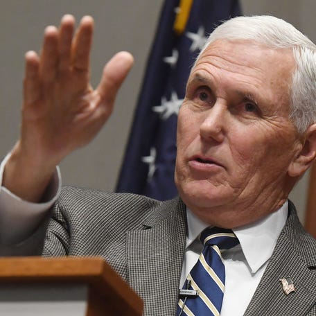 Former U.S. Vice President Mike Pence is pictured teaching an evening seminar class on campus in Grove City on Feb. 6, 2025.