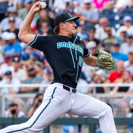 Coastal Carolina pitcher Jacob Morrison starts his throwing motion during his team's game against Oregon State in the 2025 College World Series at Charles Schwab Field.