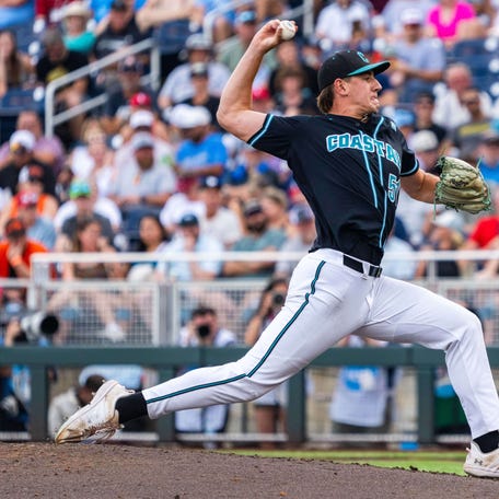 Jun 15, 2025; Omaha, Neb, USA; Coastal Carolina Chanticleers starting pitcher Jacob Morrison (51) pitches against the Oregon State Beavers during the first inning at Charles Schwab Field. Mandatory Credit: Dylan Widger-Imagn Images