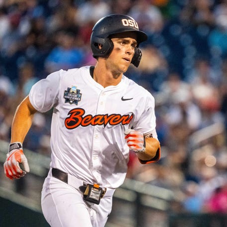 Jun 15, 2025; Omaha, Neb, USA; Oregon State Beavers left fielder Gavin Turley (1) rounds third after hitting a solo home run against the Coastal Carolina Chanticleers during the ninth inning at Charles Schwab Field. Mandatory Credit: Dylan Widger-Imagn Images