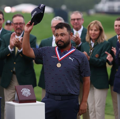 J.J. Spaun celebrates during the trophy presentation after winning the 125th U.S. Open golf tournament at Oakmont Country Club on June 15, 2025.