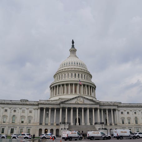 U.S. Capitol Police react to demonstrators breaching a U.S. Capitol barrier during a protest against the upcoming parade for the Army's 250th anniversary, which falls on President Donald Trump's birthday, on June 13, 2025 in Washington, DC.