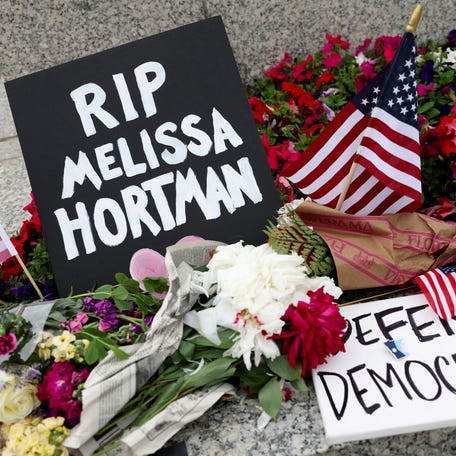 A memorial for senior Democratic state assemblywoman Melissa Hortman and her husband. Mark, who were fatally shot, is displayed outside the Minnesota State Capitol in St. Paul.