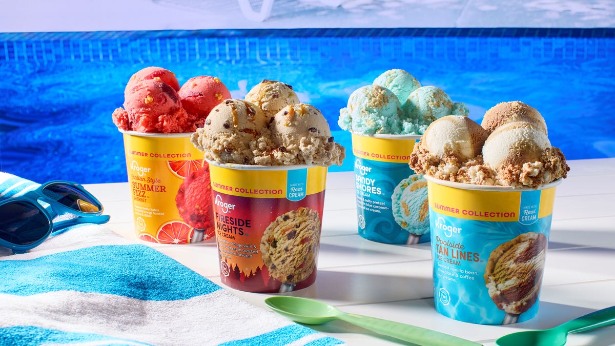 From left to right, Kroger Summer in a Pint flavors Italian Style Summer Fizz, Fireside Nights, Sandy Shores and Poolside Tan Lines.