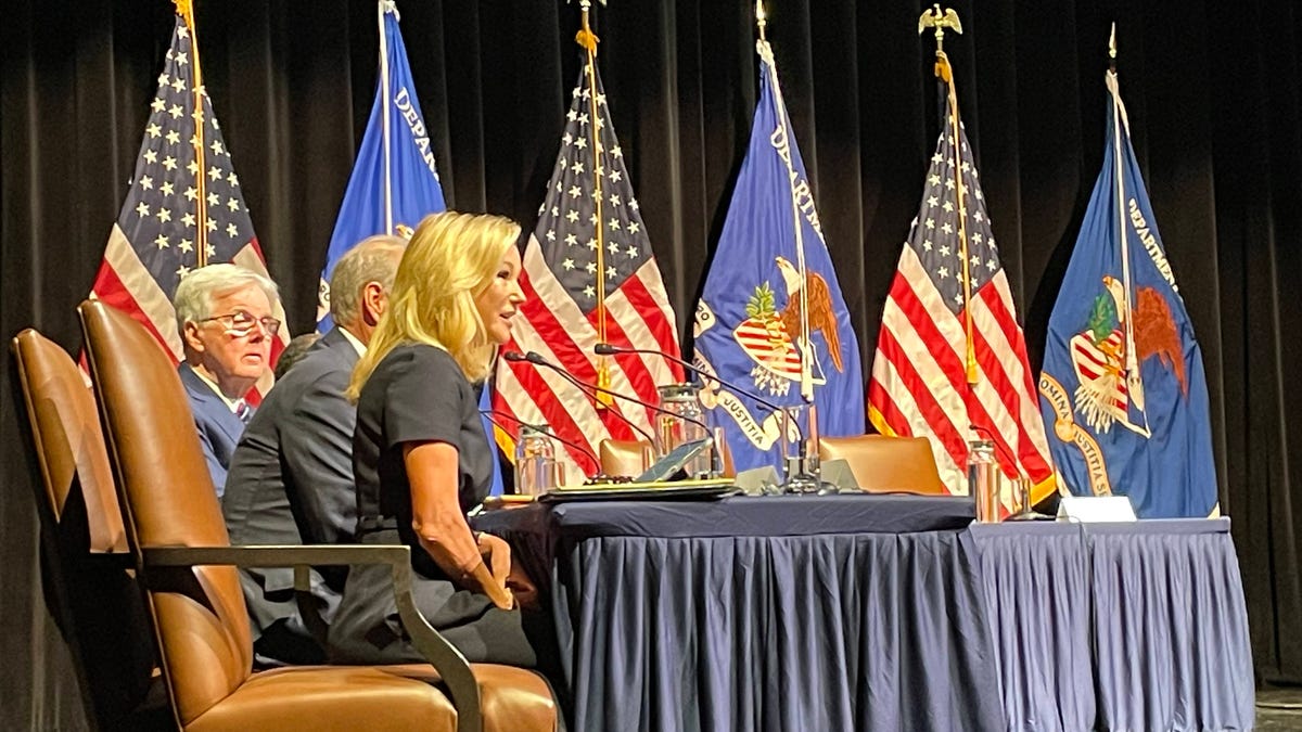 Pastor Paula White speaks at the Religious Liberty Commission's inaugural meeting at the Museum of the Bible in Washington on Monday, June 16, 2025.