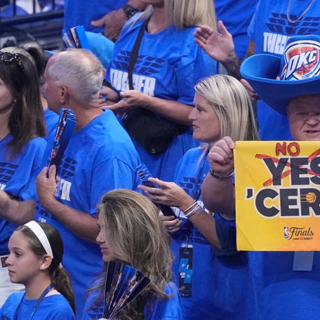 Thunder fans celebrate before Game 5 at Paycom Center.