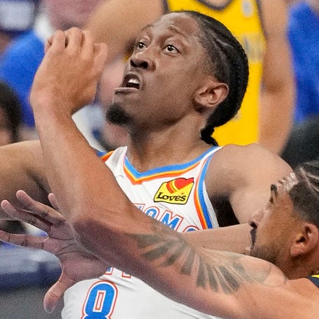 Jalen Williams scores two of his 40 points during the NBA Finals Game 5.