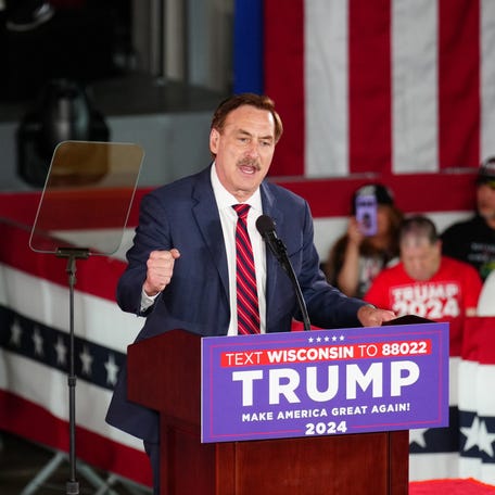 My Pillow founder Mike Lindell fires up Donald Trump supporters during a campaign rally on Wednesday, May 1, 2024 at the Waukesha County Expo Center in Waukesha, Wis.