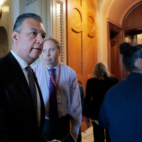 U.S. Sen. Alex Padilla (D-CA) walks to the Senate Chambers at the U.S. Capitol on June 17, 2025 in Washington, DC. Padilla has returned to the U.S. Capitol with a bigger security detail and is set to make a speech on the Senate Floor.