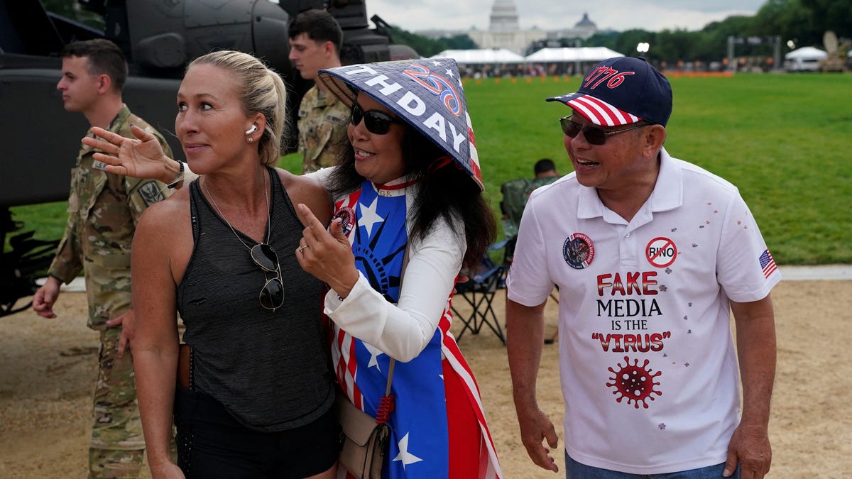 U.S. Representative Marjorie Taylor Greene (R-GA) meets supporters on the day of a military parade to commemorate the U.S. Army's 250th Birthday in Washington, D.C., U.S., June 14, 2025.