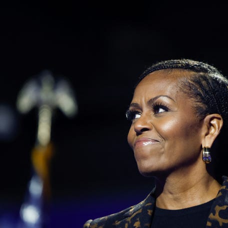 Michelle Obama attends a campaign event for former Vice President Harris Kamala Harris at Wings Event Center in Kalamazoo, Michigan, on Oct. 26, 2024.