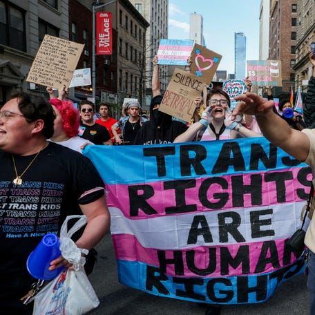 People attend a Transgender Day of Visibility march and rally in New York City on March 31, 2025.
