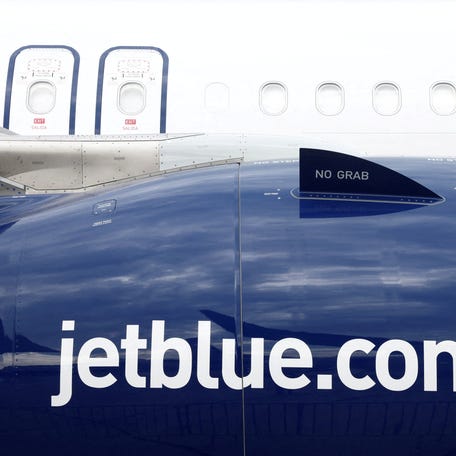 JetBlue logo is seen on an Airbus A321LR at the 54th International Paris Airshow at Le Bourget Airport near Paris, France, June 20, 2023.