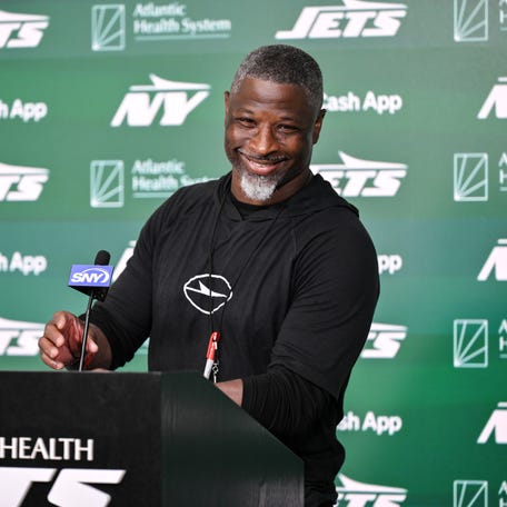 Jun 10, 2025; East Rutherford, NJ, USA; New York Jets head coach Aaron Glenn speaks at a press conference during minicamp at Atlantic Health Jets Training Center. Mandatory Credit: John Jones-Imagn Images