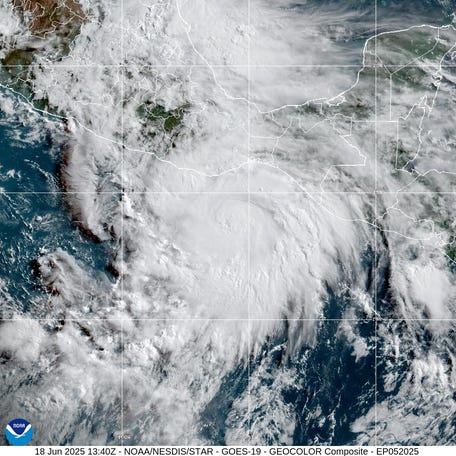 Newly strengthened Hurricane Erick is seen on NOAA satellite on the morning of June 18, 2025.