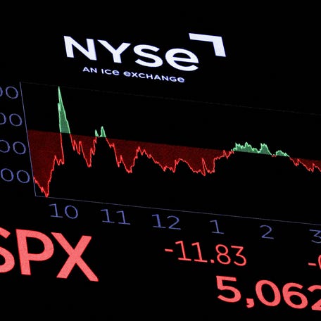 A screen shows trading of the S&P 500 Index after the closing bell on the floor at the New York Stock Exchange (NYSE) in New York City, U.S., April 7, 2025.