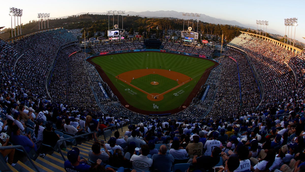 A general view of the inside of the stadium during the game between the Los Angeles Dodgers and the San Diego Padres.