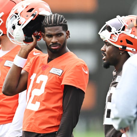 Jun 12, 2025; Berea, OH, USA; Cleveland Browns quarterback Shedeur Sanders (12) listens to a play call during mini camp at CrossCountry Mortgage Campus. Mandatory Credit: Ken Blaze-Imagn Images