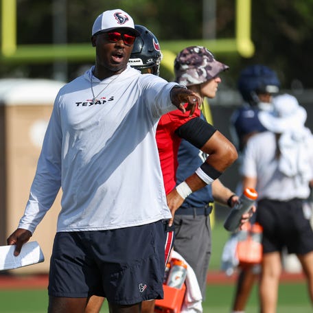Jul 29, 2024; Houston, TX, USA; Houston Texans quarterbacks coach Jerrod Johnson during training camp at Houston Methodist Training Center. Mandatory Credit: Troy Taormina-USA TODAY Sports