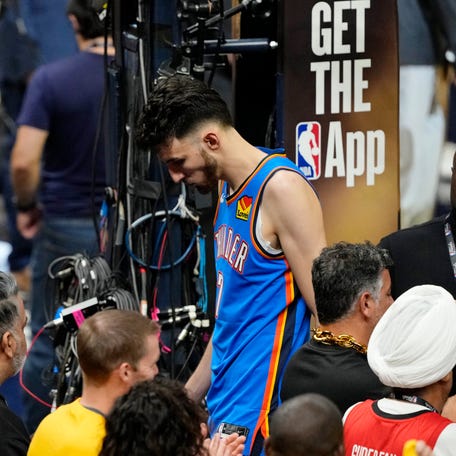 Oklahoma City Thunder forward Chet Holmgren (7) walks of the court after Game 6.