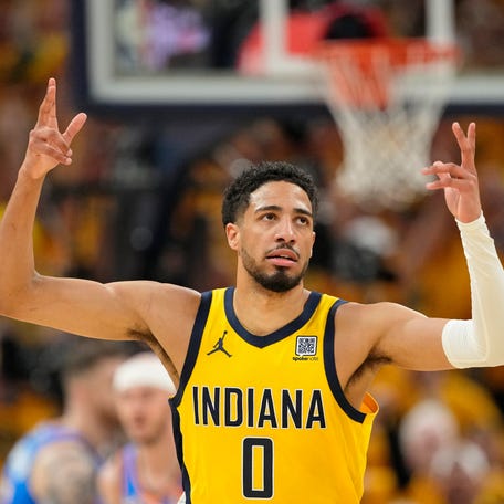Pacers guard Tyrese Haliburton (0) reacts after a play against the Thunder during the first half of Game 6 of the NBA Finals at Gainbridge Fieldhouse in Indianapolis on June 19, 2025.