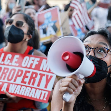 Protesters against immigration sweeps rally on June 19, 2025, in Los Angeles.