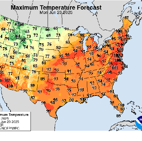 Most of the eastern half of the nation will see high temperatures in the 90s by Monday, June 23, 2025, with a few spots hitting 100 degrees.