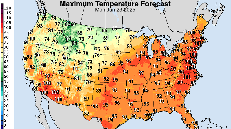 Most of the eastern half of the nation will see high temperatures in the 90s by Monday, June 23, 2025, with a few spots hitting 100 degrees.