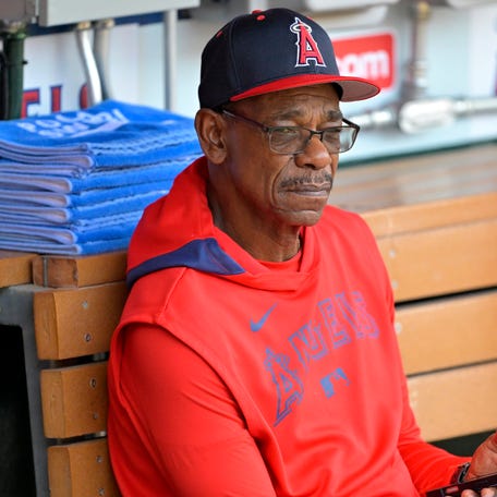 Los Angeles Angels manager Ron Washington sits in the dugout prior to a game at Angel Stadium on May 26, 2025.