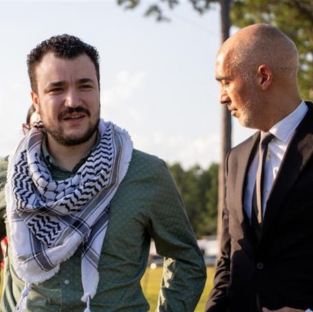 Mahmoud Khalil stands outside an Immigration and Customs Enforcement facility in Jena, Louisiana, where he spent over 100 days in custody. The Columbia University graduate was detained over his pro-Palestinian activism.