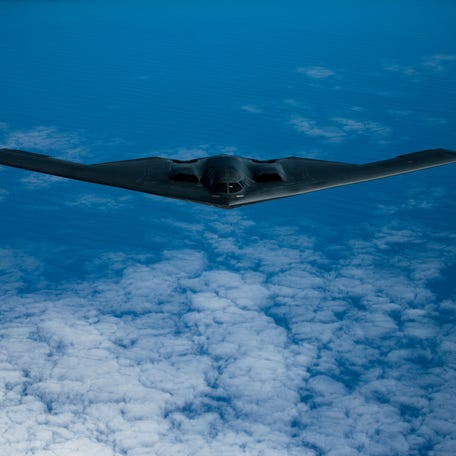 A B-2 Spirit bomber deployed from Whiteman Air Force Base, Missouri, flies near Joint Base Pearl Harbor-Hickam, Hawaii during a training mission on Jan. 15, 2019.