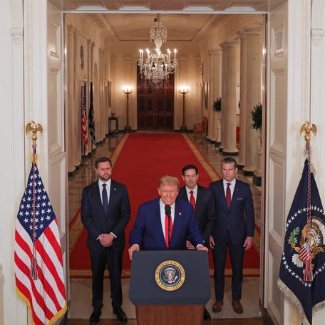 President Donald Trump, backed from left by Vice President JD Vance, Secretary of State Marco Rubio and Defense Secretary Pete Hegseth, announces that the United States has bombed three nuclear sites in Iran on June 21, 2025.