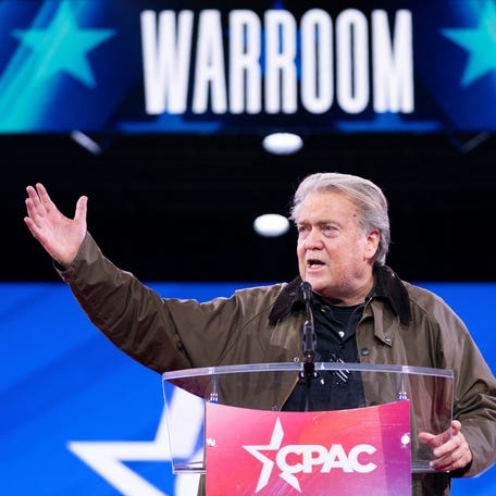Steve Bannon speaks during the Conservative Political Action Conference (CPAC) in National Harbor, Maryland, U.S., February 20, 2025.