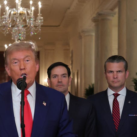 President Donald Trump delivers an address to the nation accompanied by U.S. Vice President JD Vance, U.S. Secretary of State Marco Rubio and U.S. Defense Secretary Pete Hegseth, at the White House in Washington, D.C., U.S. June 21, 2025, following U.S. strikes on Iran.