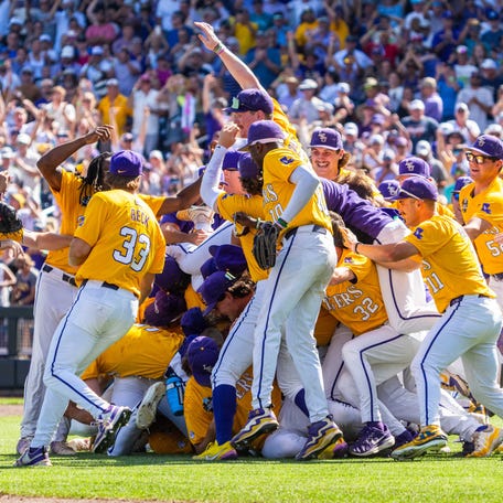 June 22: LSU players celebrate after defeating Coastal Carolina to win the College World Series championship at Charles Schwab Field.