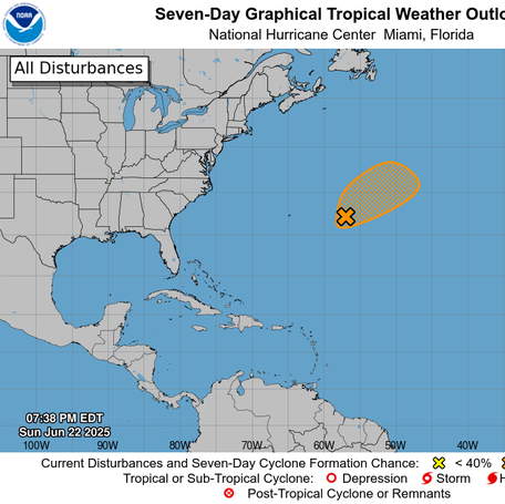 On June 22, the National Hurricane Center was watching a system in the Atlantic Ocean, east of Bermuda, with a 40% chance of developing into a tropical depression over 48 hours.