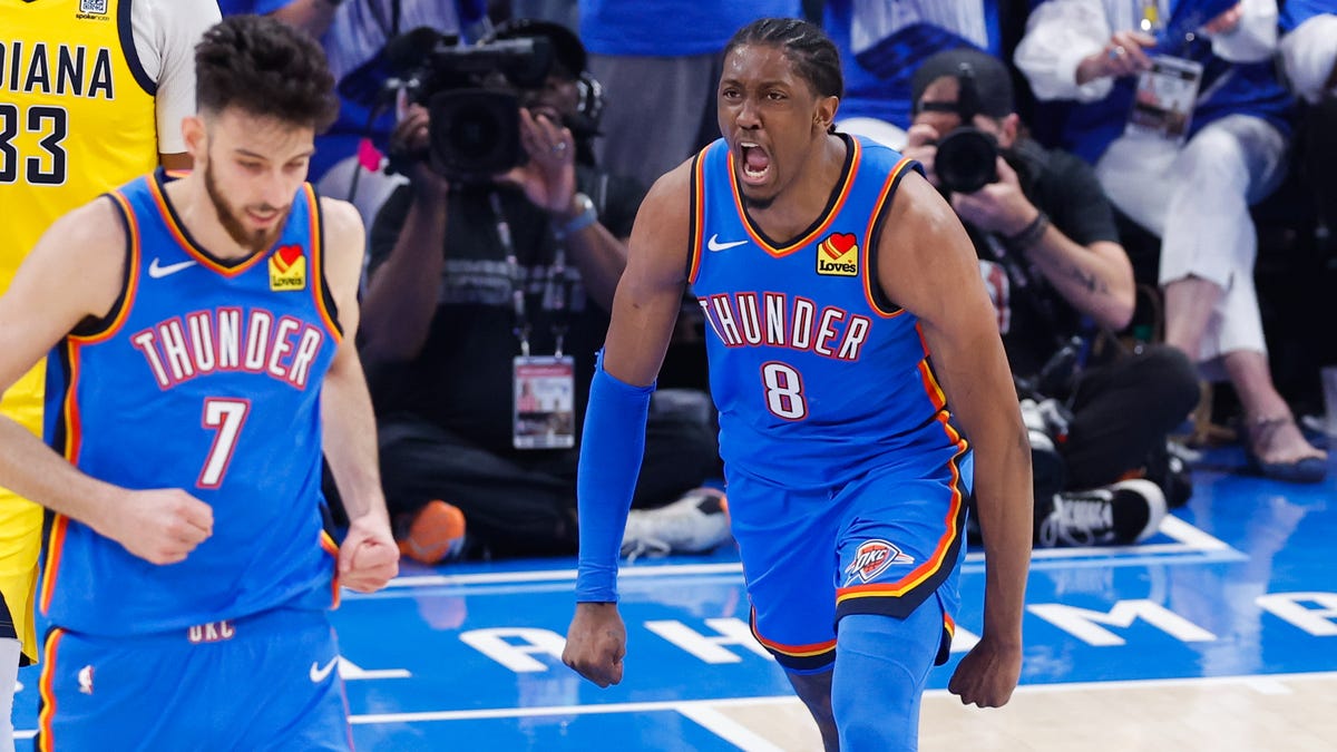 Thunder forward Jalen Williams (8) reacts after scoring against the Pacers during the second half of Game 7 of the NBA Finals at Paycom Center in Oklahoma City on June 22, 2025.