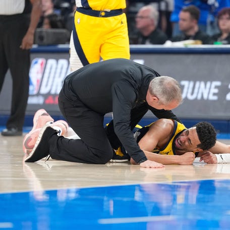 Indiana Pacers guard Tyrese Haliburton (0) reacts after suffering an injury during the first quarter against the Oklahoma City Thunder during game seven of the 2025 NBA Finals at Paycom Center in Oklahoma City, Oklahoma on June 22, 2025.