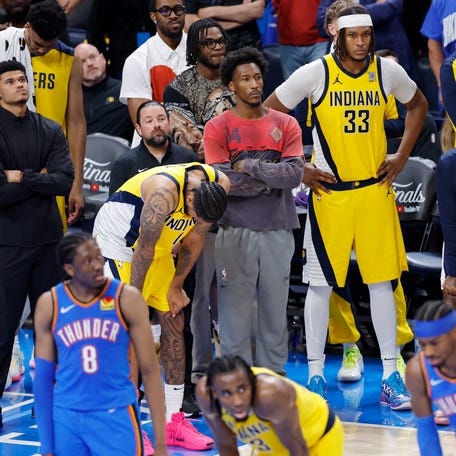 Indiana Pacers forward Obi Toppin (1) and other players react late in the fourth quarter of game seven of the 2025 NBA Finals against the Oklahoma City Thunder at Paycom Center.
