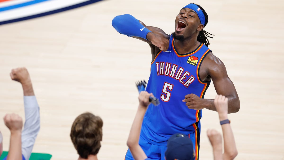 Thunder guard Luguentz Dort (5) celebrates after a play late in the second half against the Pacers during Game 7 of the NBA Finals at Paycom Center in Oklahoma City on June 22, 2025.