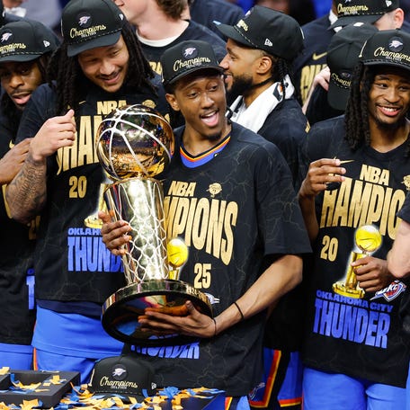 The Oklahoma City Thunder celebrate after winning Game 7 of the 2025 NBA Finals against the Indiana Pacers at Paycom Center in Oklahoma City on June 22, 2025.
