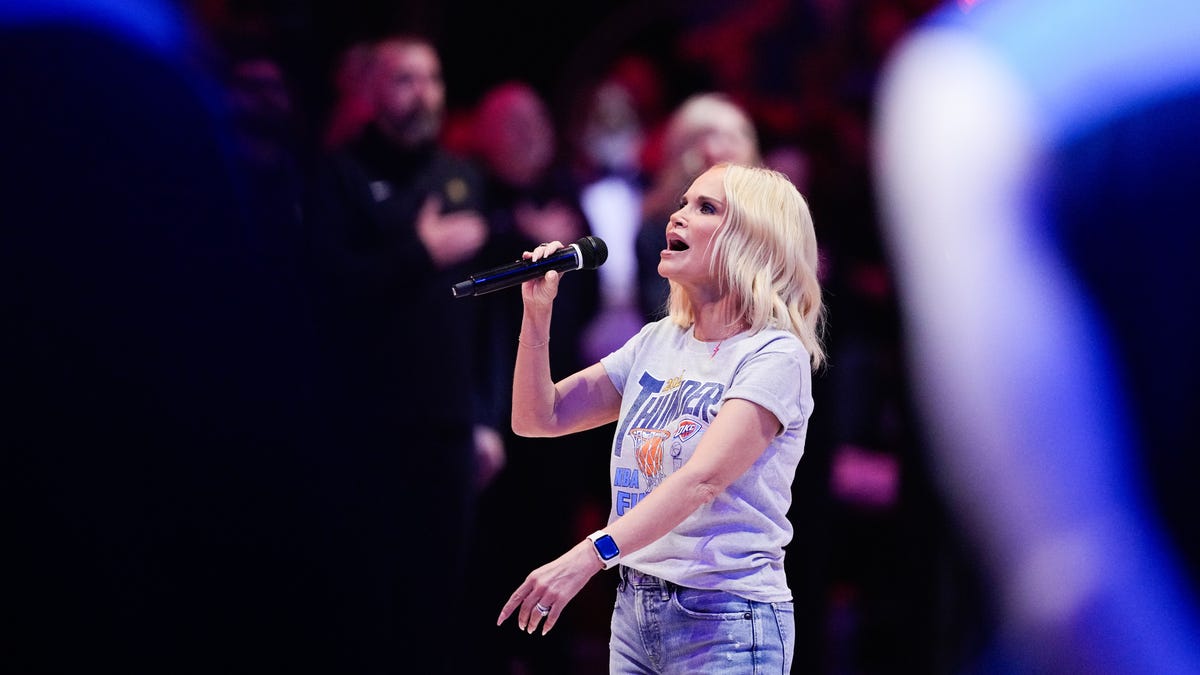 Kristin Chenoweth sings the national anthem before game seven of the 2025 NBA Finals at Paycom Center, June 22, 2025, Oklahoma City.