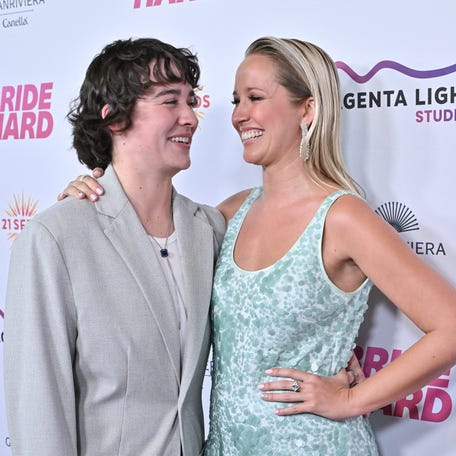 Anna Camp and her girlfriend, stylist Jade Whipkey, attend the "Bride Hard" premiere at the Directors Guild of America theatre in Los Angeles on June 18, 2025.